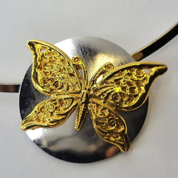 Gold Plated Butterfly Pendant Collar Necklace Rhodium and Gold Butterfly Pendant - Picture 2 of 8